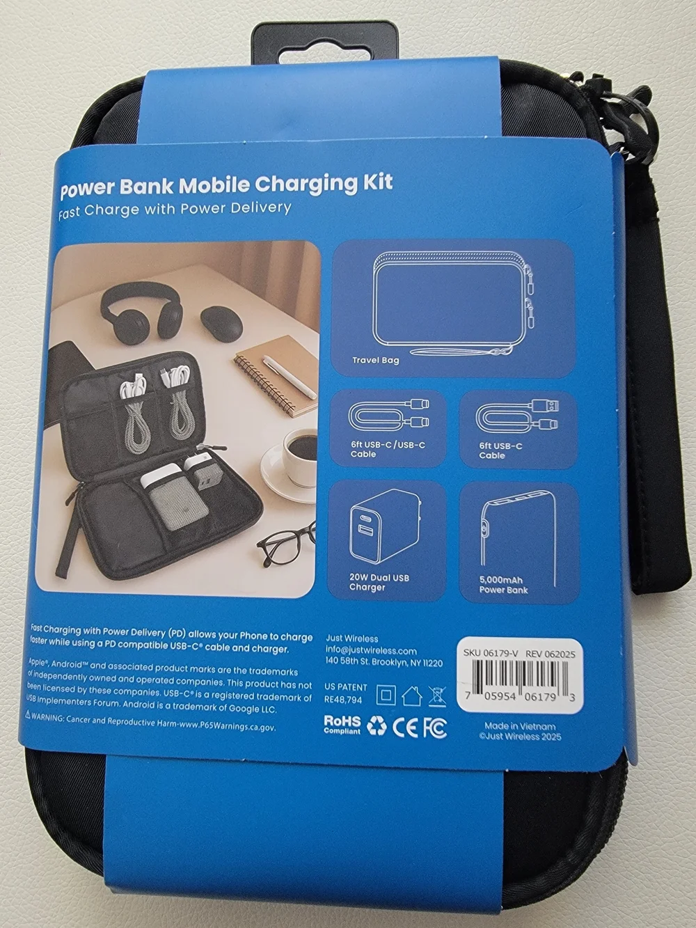 Just Wireless 4 Pack Charging Kit 5000mAh Power Bank, 20W Wall Charger, Cables,
